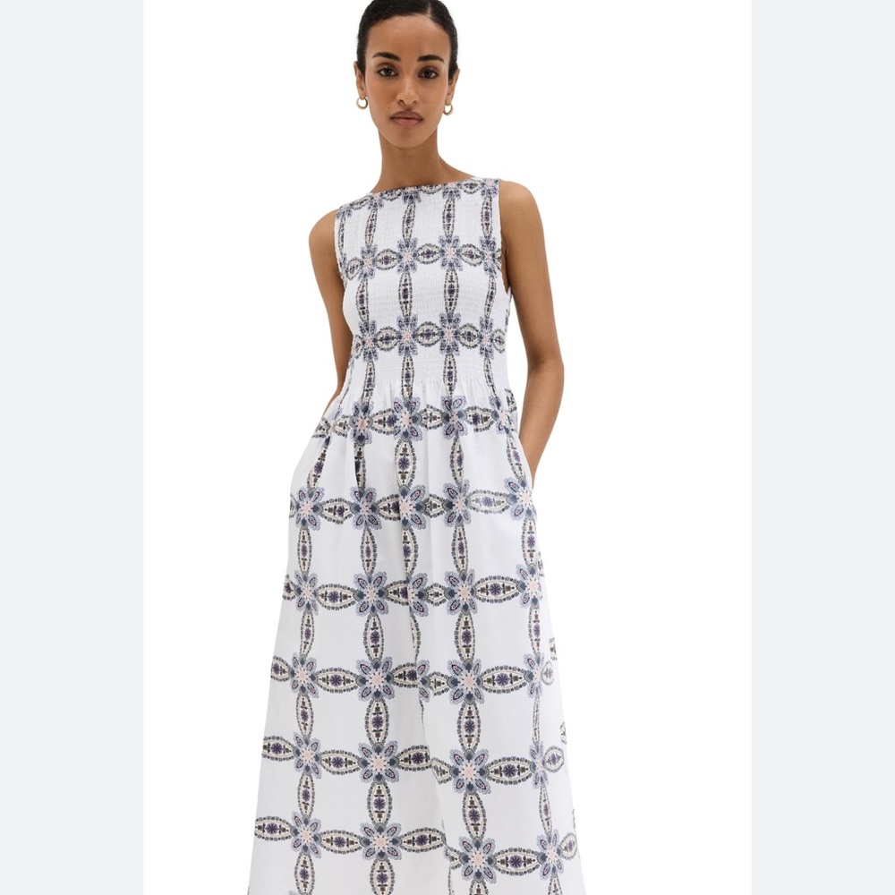 Hill House Sleeveless White Dress with Navy and Light Blue Pattern - Midi